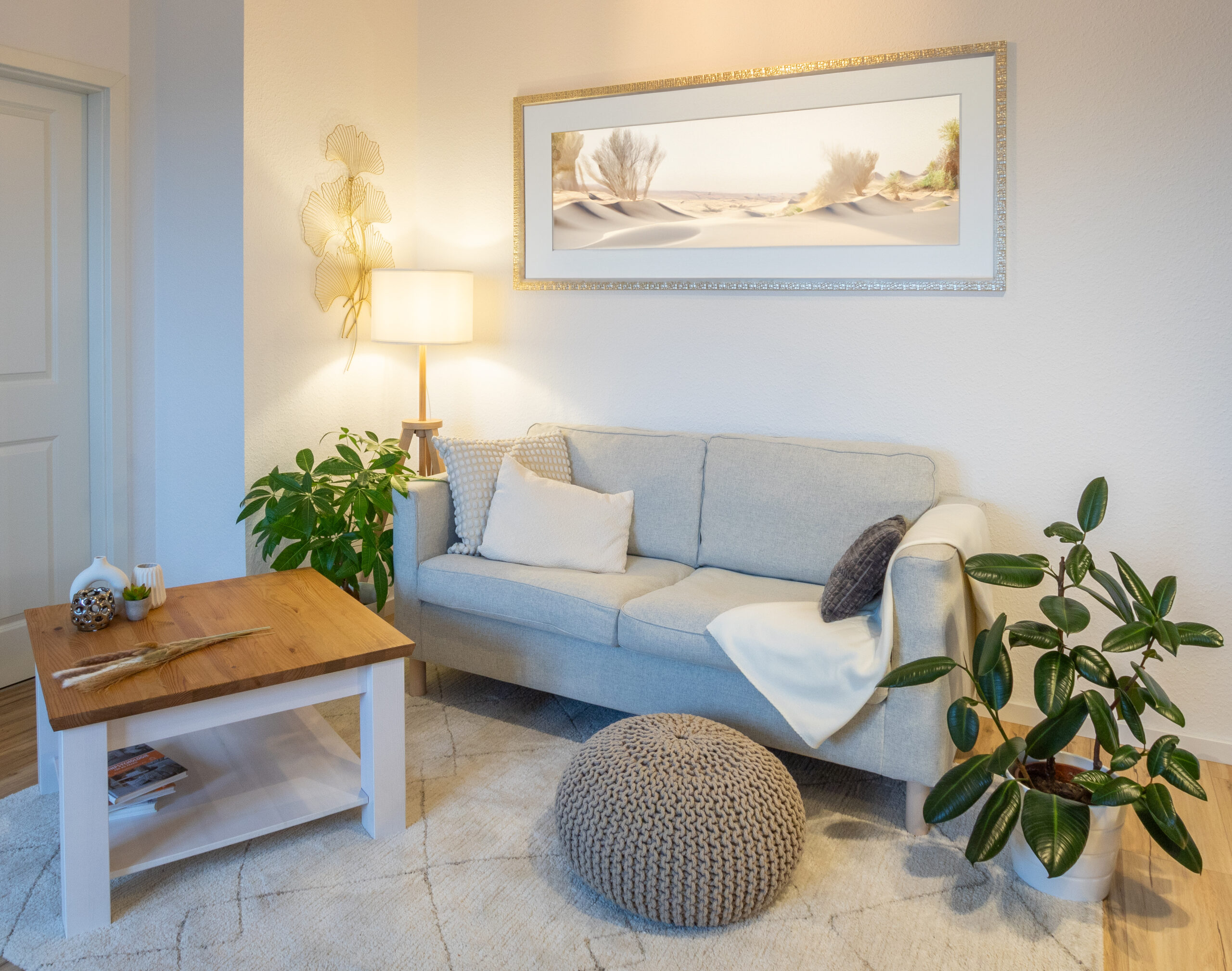 nach dem Staging: Sofa mit Stehlampe, 2 Pflanzen, Pouf, Decke, Kissen, Couchtisch und Teppich